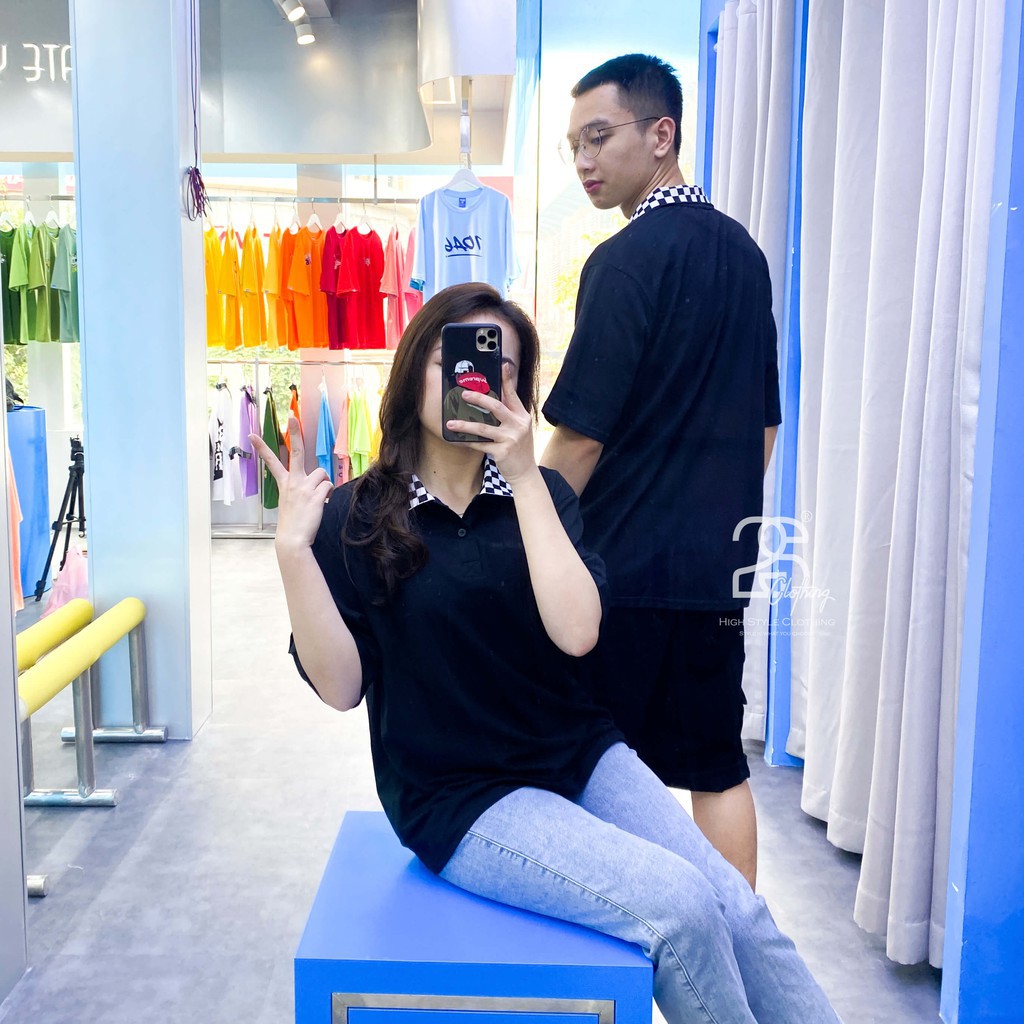 Áo Thun Basic Nam Nữ Unisex Form Rộng Có Cổ Tay Lỡ 1 Màu Đen Caro Cao Cấp Đẹp