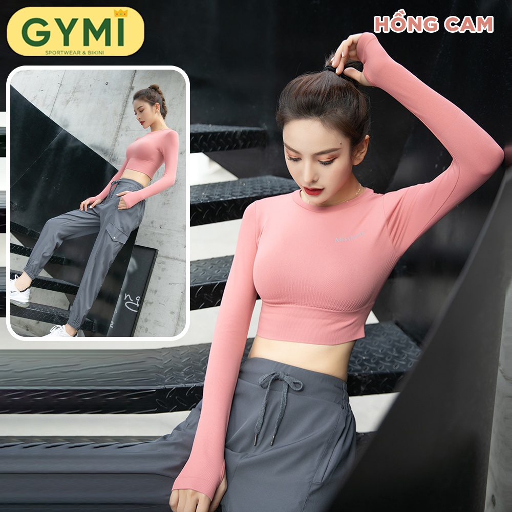 Áo tập gym yoga nữ dài tay GYMI AD03 dáng croptop thể thao chất dệt kim cao cấp co giãn 4 chiều