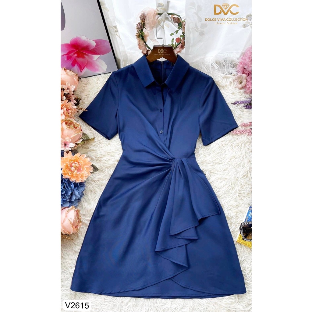 Váy sơ mi pha lụa Hàn xanh than xòe nhún eo thiết kế V2615