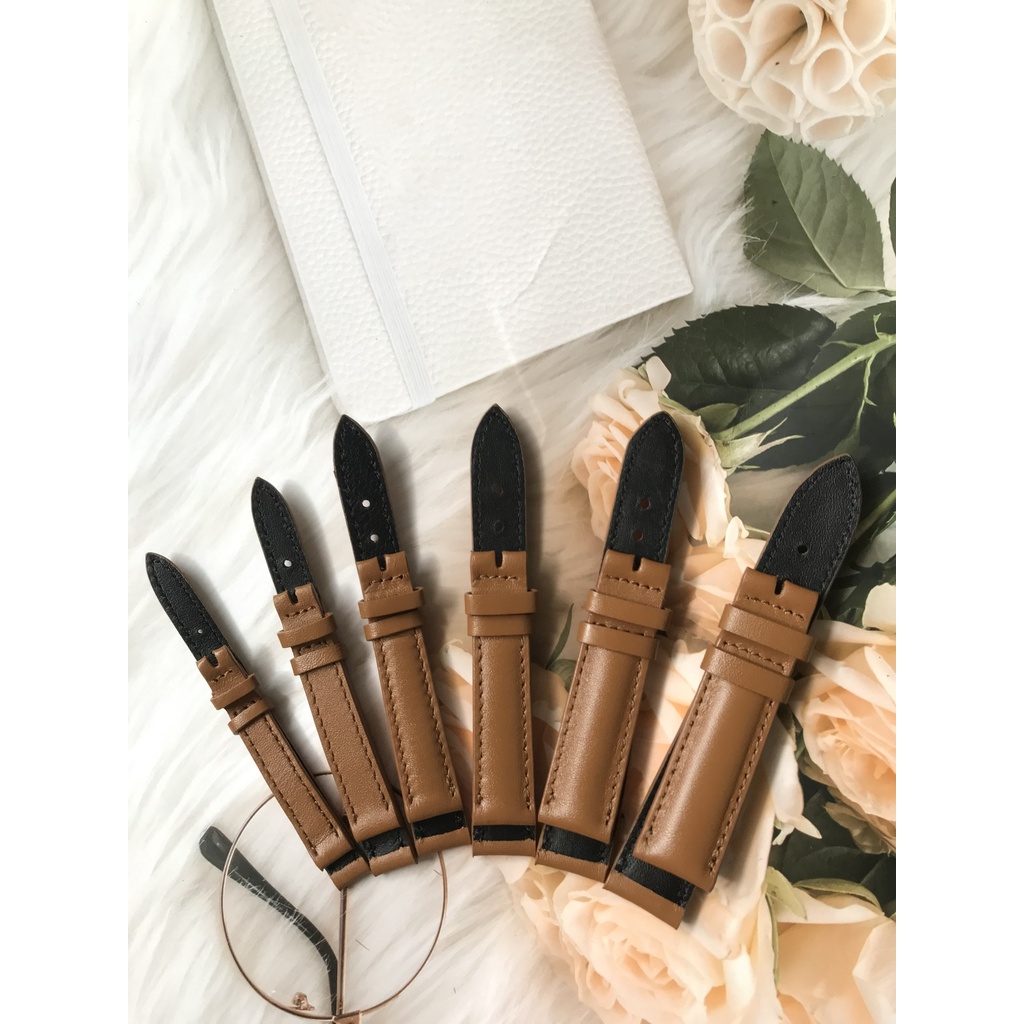 ẢNH THẬT Dây đồng hồ da bò 2 mặt màu nâu vàng trơn size 10 12 14 16 18 20