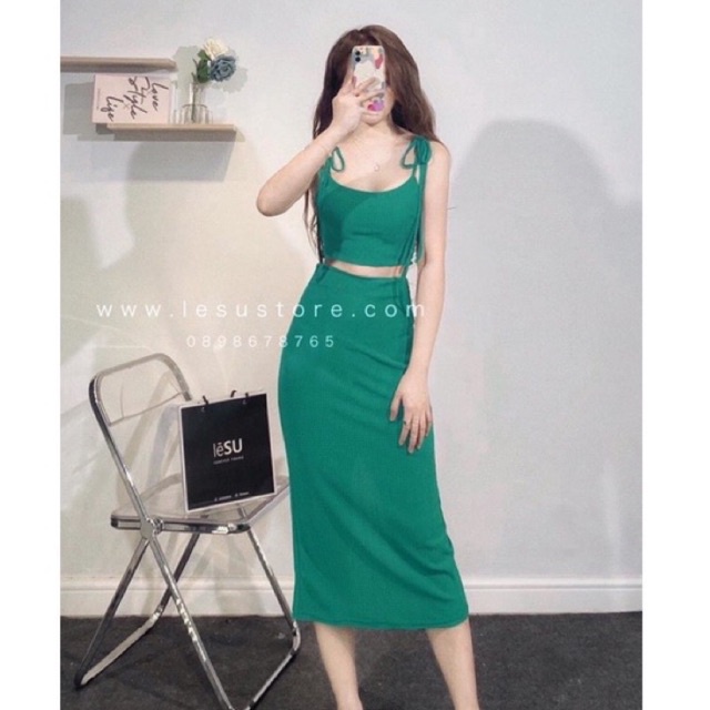 Set bộ len tăm hai dây áo croptop mix chân váy bút chì siêu hot ln