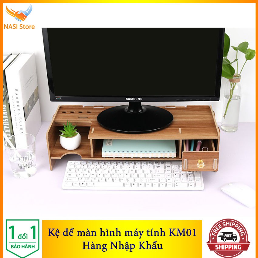 [Nhập khẩu] Kệ để màn hình máy tính KM01 bằng gỗ bền chắc phù hợp với mọi màn hình, có hộc cất bàn phím, ngăn kéo
