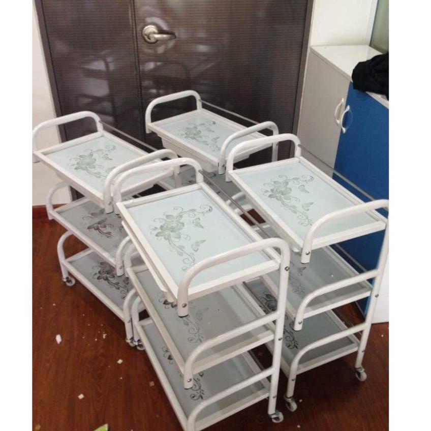 Xe đẩy Spa 3 Tầng Mặt Kính Hoa Văn Có Khay