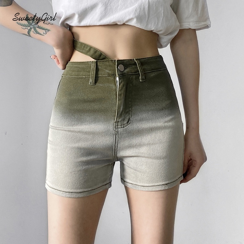 Quần Short Jean Lưng Cao Màu Gradient Thời Trang Đường Phố Cho Nữ 2022