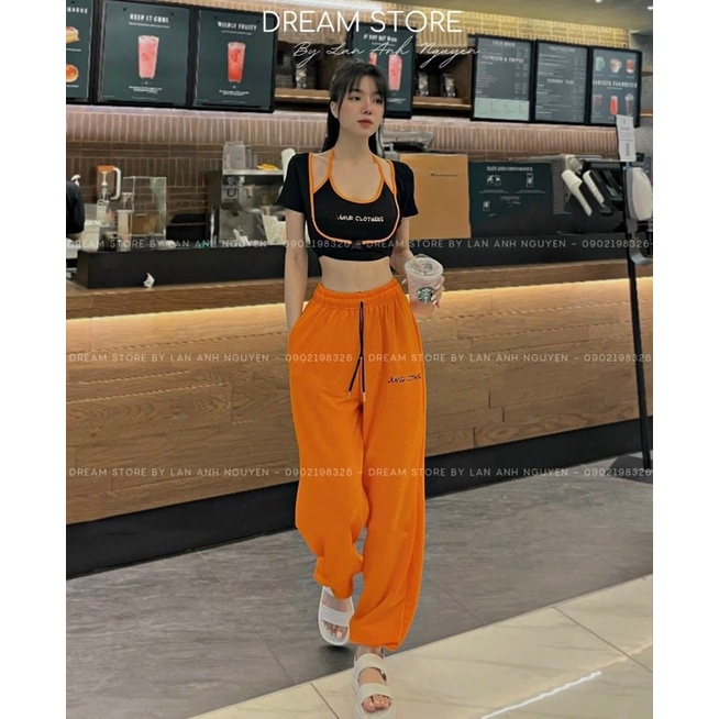SET ÁO CROPTOP DÂY YẾM VIỀN MÀU KÈM QUẦN JOGGER BO ỐNG