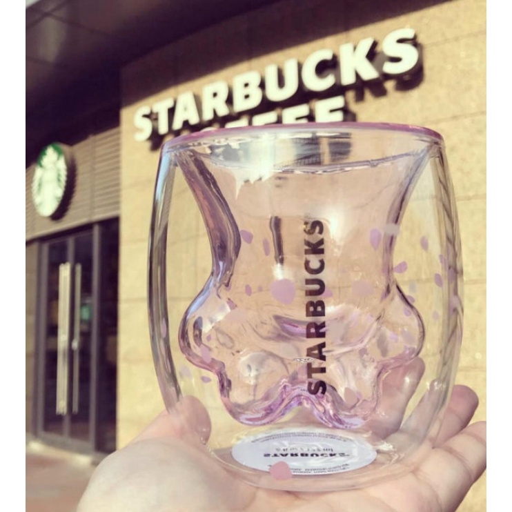 Cốc thủy tinh Starbucks uống cà phê/ sữa/ trà sữa hình dấu chân mèo màu hồng/ tím