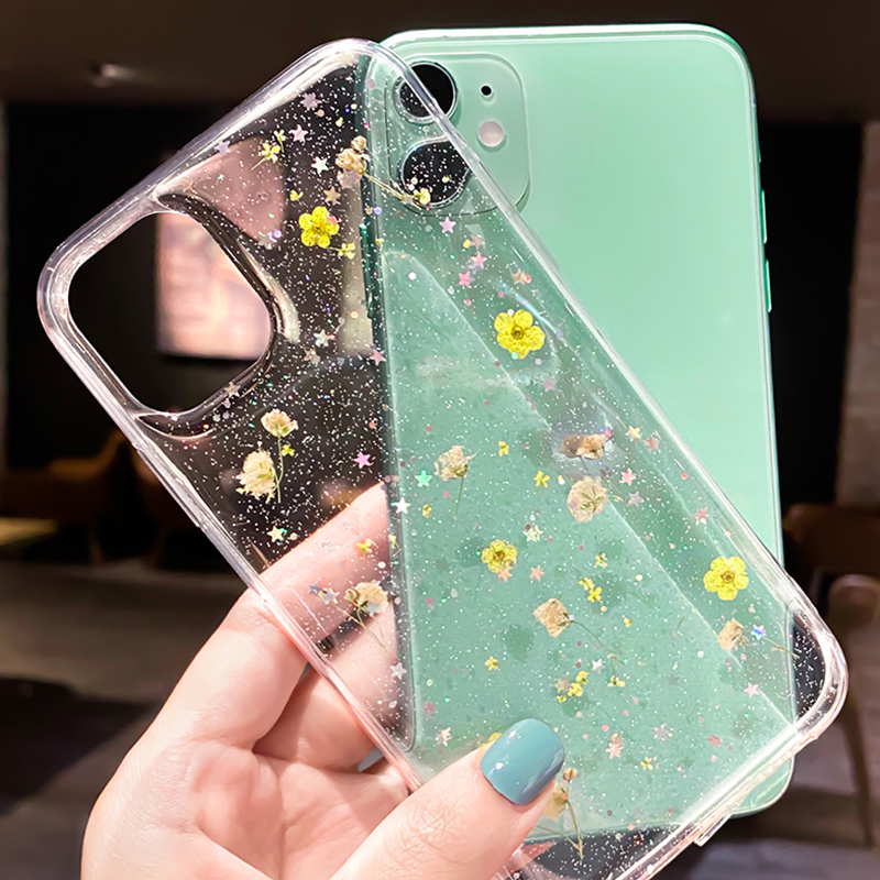 Ốp Điện Thoại Silicon Epoxy Mềm Trong Suốt Phối Hoa Khô Dành Cho iPhone 14 13 12 11 Pro Max X XR XS 7 8 Plus SE 2020 6 12