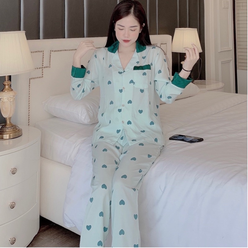 Đồ bộ Pijama lụa satin cao cấp mềm mịn, thoáng mát, dài tay kiểu dáng tiểu thư cực kì đáng yêu