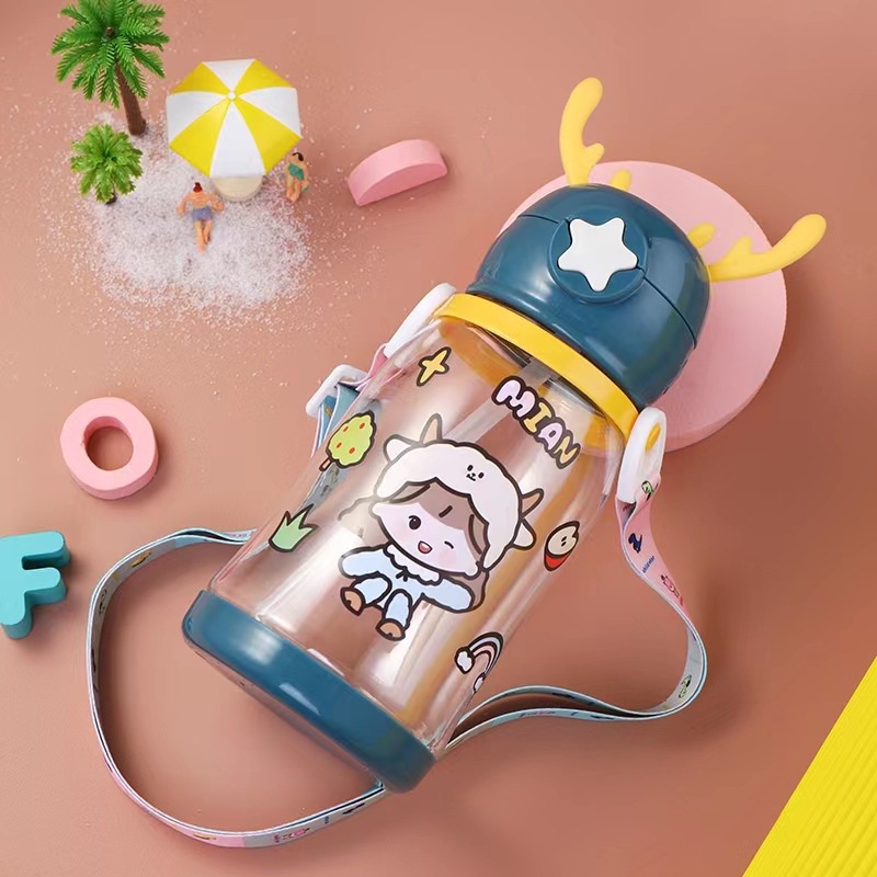 Bình tập uống, bình uống nước cho bé 350ml tai hươu (tặng kèm ống hút và dây đeo)