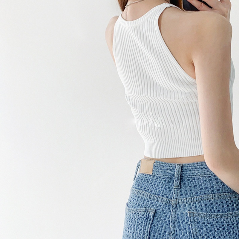 Áo Croptop Dệt Kim Không Tay Cổ Tròn Màu Sắc Đơn Giản Cho Nữ