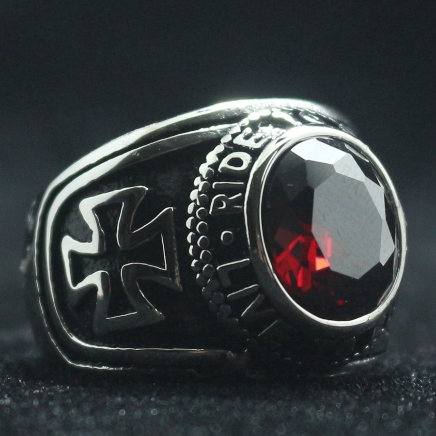 New Arrival Rider Motorcycle Style Unisex 316L Stainless Steel Cool Ride Live Cross Red Stone Classic Biker Ring Size 7-14
