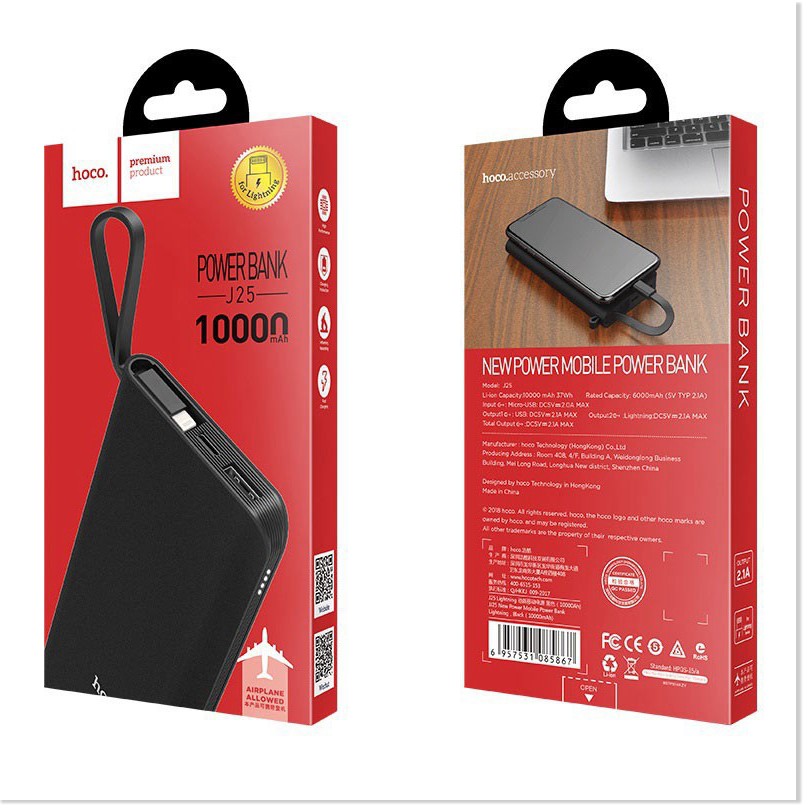 [Mã 154ELSALE2 giảm 7% đơn 300K] Pin sạc dự phòng Hoco J25 10000mah tích hợp cáp lightning - MrPhukien