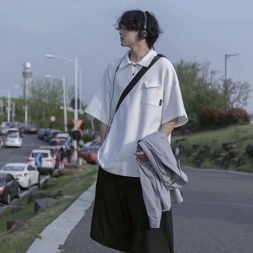 Áo polo Tay Ngắn Dáng Rộng Thời Trang Mùa Hè Phong Cách Hàn Quốc Cho Nam