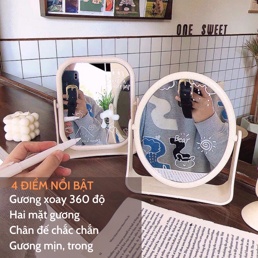 Gương trang điểm để bàn 2 mặt xoay hình vuông 360 độ chân chắc chắn QD20 - QUANDECOR