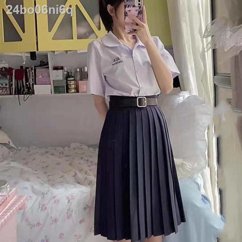 ☃┋Đồng phục học sinh kiểu Thái Lan hai mảnh màu oải hương JK áo sơ mi thêu rời + váy xếp ly đen thời trang [vận c