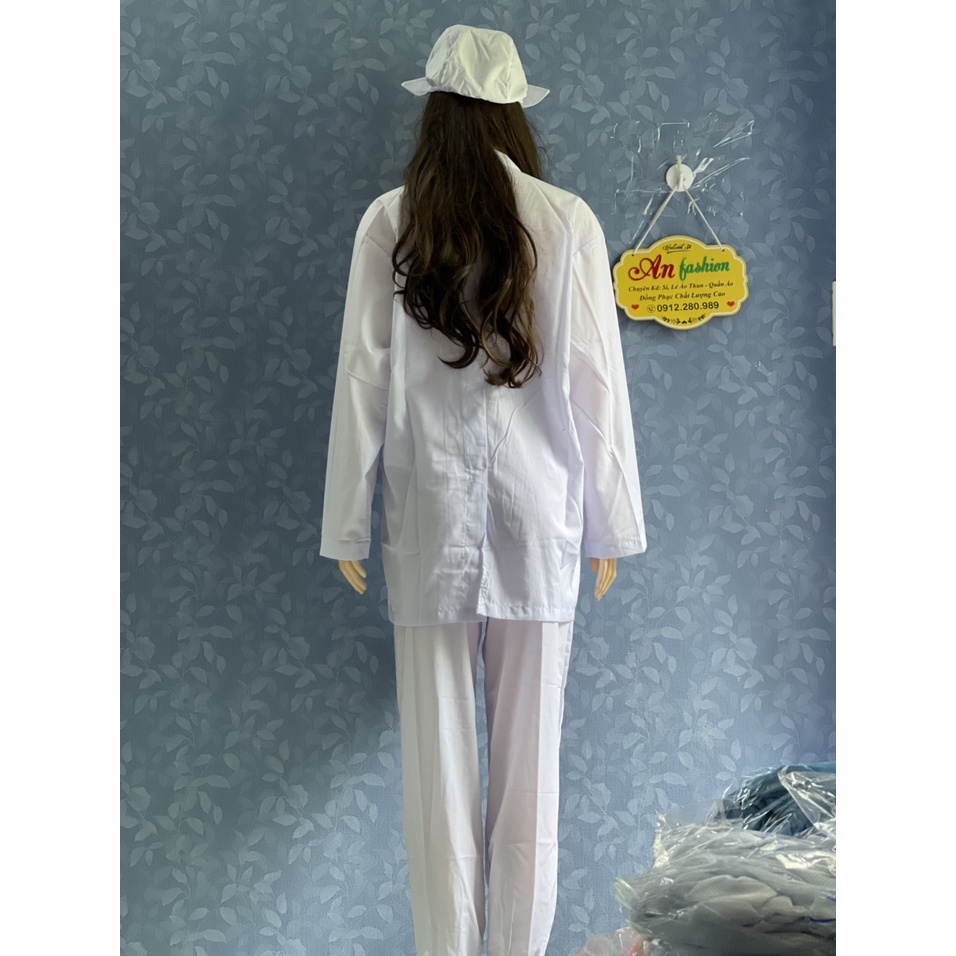 Combo cả bộ Áo Quần Mũ Blouse Trắng Điều Dưỡng, Áo Bác Sĩ, Dược Sĩ tay dài, chấm mông _ Hình chụp thật
