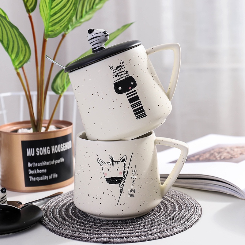 Ly sứ cốc cà phê hình ngựa vằn kèm nắp và thìa 400ml, phù hợp làm decor, quà tặng