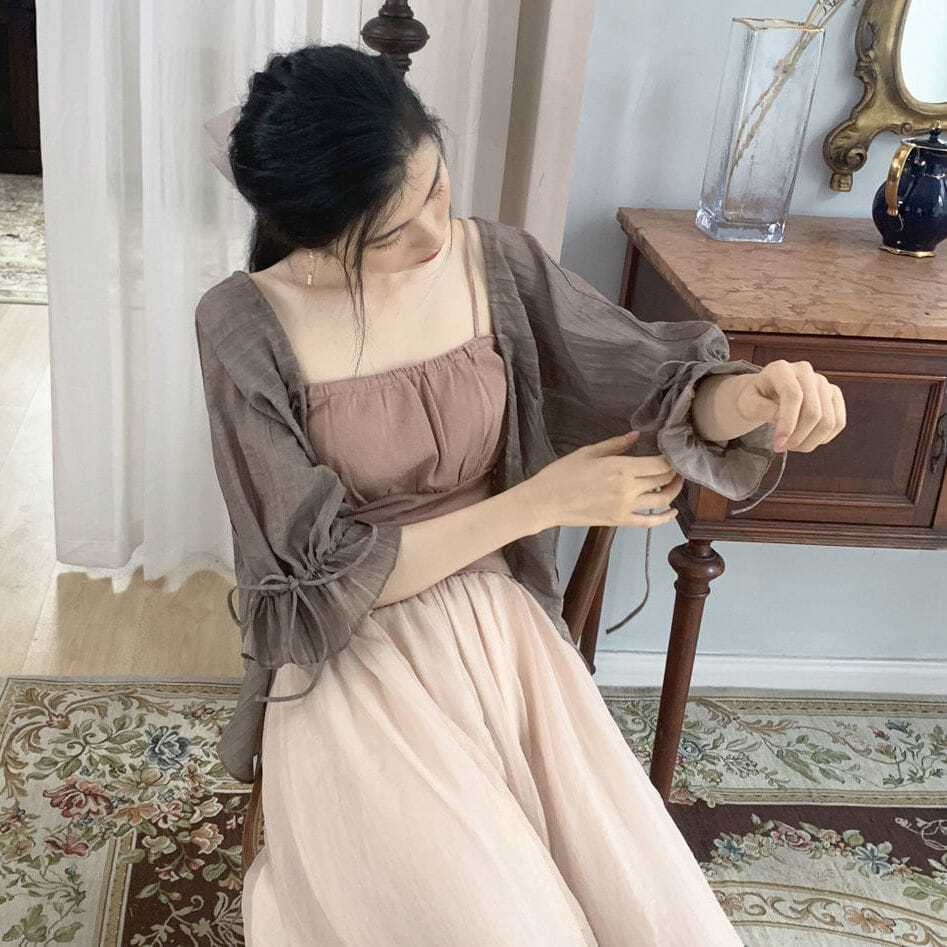 M &amp; E Set Áo Sơ Mi Voan Chống Nắng + Váy Yếm + Quần Ống Rộng Phong Cách Cổ Điển Dễ Phối Đồ Mùa Hè Cho Nữ