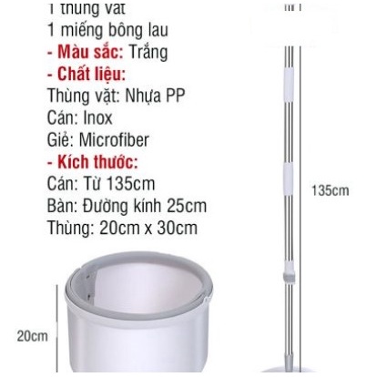 Bộ lau nhà thông minh K8/K9 thùng vắt xoay tròn nhựa PP, Cán inox dài 134cm, miếng lau 25cm