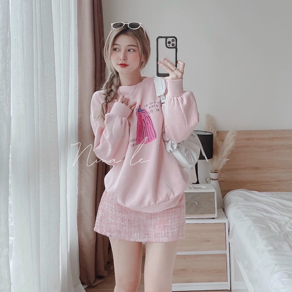 Sét váy thời trang nữ mặc đi chơi áo chất nỉ cổ tròn tay dài in hình mix chân váy chữ A chất bố dạ như hình