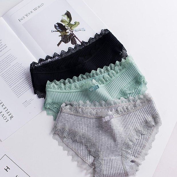 [Set 10 quần] Quần lót nữ cotton gân tăm viền ren quyến rũ phối nơ xinh xắn