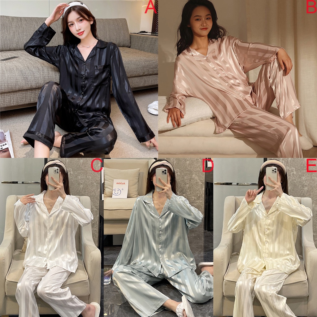 Bộ Đồ Ngủ Tay Dài Chất Lụa Satin Họa Tiết Kẻ Sọc Thời Trang Hàn Quốc Xinh Xắn Cho Nữ