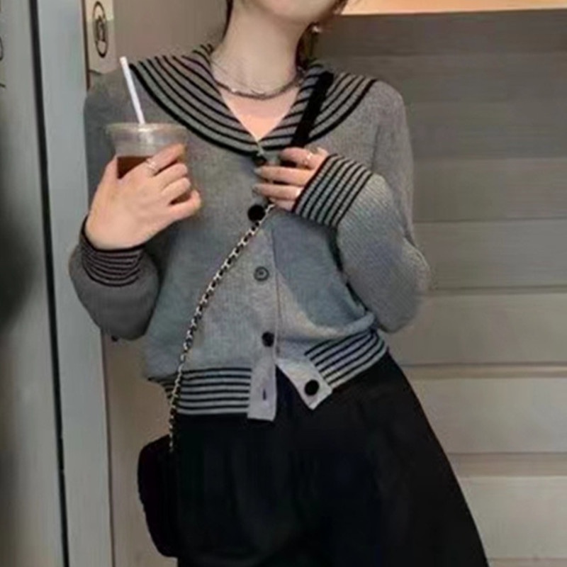 SUXI Áo Sweater Dệt Kim Tay Dài Cổ Chữ V Kẻ Sọc Màu Sắc Tương Phản Thời Trang Mùa Thu Cho Nữ