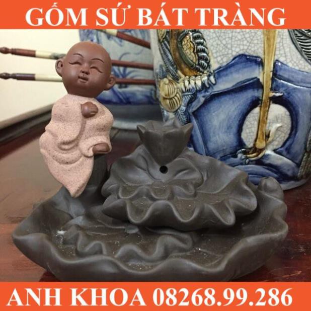 Tượng đốt trầm chú tiểu bên hoa sen - Gốm sứ Bát Tràng Anh Khoa