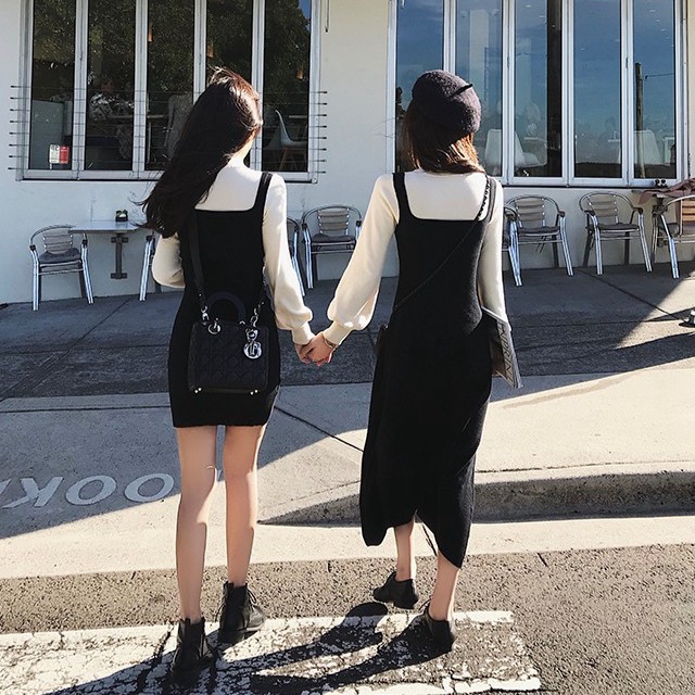 DUNEA Women's New Color Matching Lantern Sleeve Knitted Dress