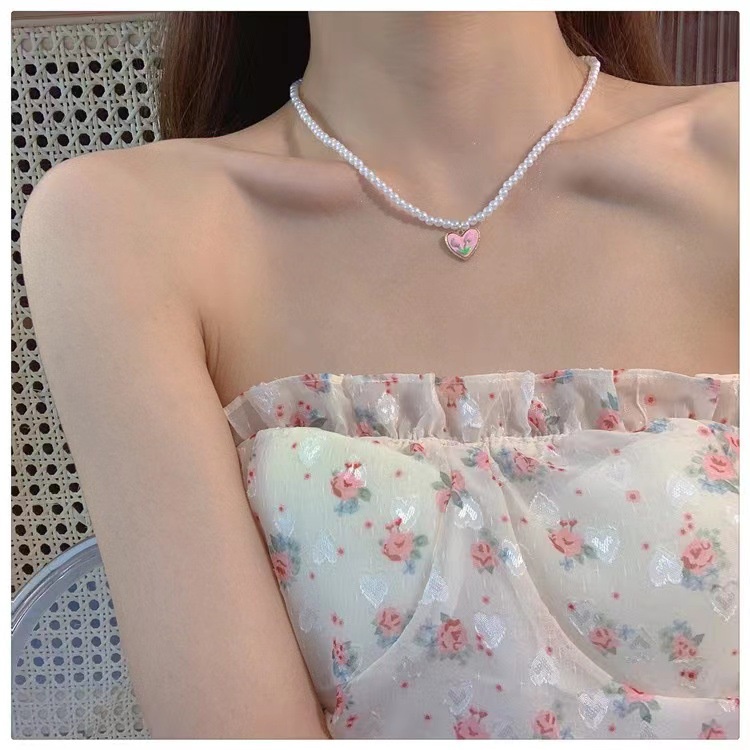 Vòng cổ Hoa Tulip Hồng Đính Hạt Ngọc Trai Thanh Lịch Cho Nữ