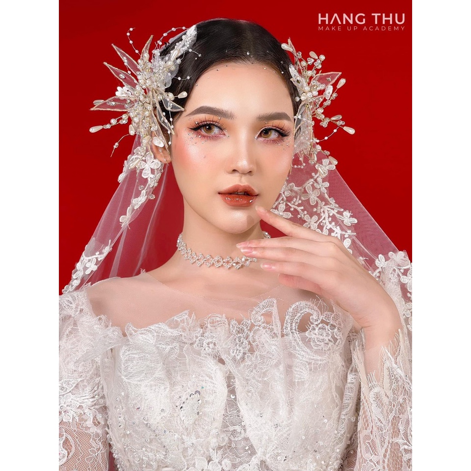 Cài tóc cô dâu lá lưới điểm hạt trai pha lê vàng trắng đẹp Giangpkc 2022