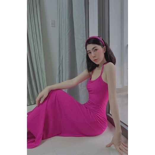 Đầm Thun Hai Dây Hở Lưng Khoen Khoét Hình Bông Hoa Sexy - Dáng Dài Maxi - Form Xòe Nữ Tính Xinh Xắn - Chất Thun Gân