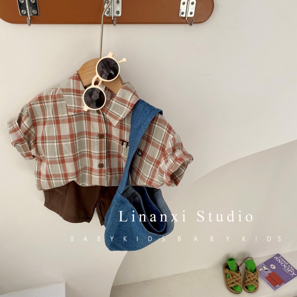 Bộ Áo Thun Cotton Tay Ngắn Và Quần Ngắn Họa Tiết Caro Phong Cách Hàn Quốc Thời Trang Mùa Hè Cho Bé Trai