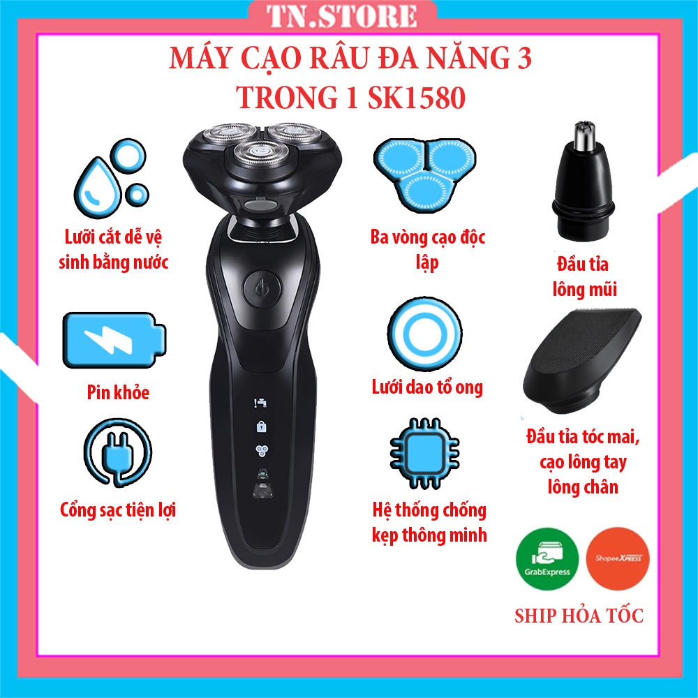 Máy cạo râu đa năng 3 trong 1 SK1580 - Cạo râu,tỉa lông mũi,tông đơ - BẢO HÀNH 12 THÁNG