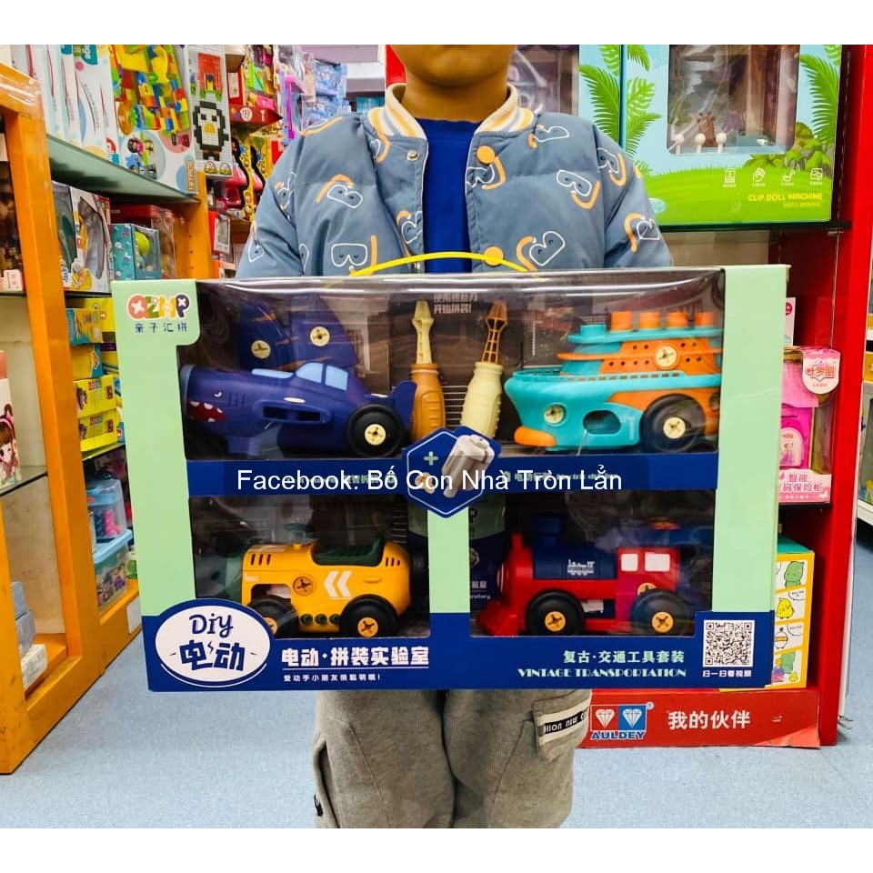 Bộ đồ chơi vặn ốc vít lắp ráp các loại phương tiện giao thông máy bay, tàu hỏa, xe oto, tàu thủy Bố Con Nhà Tròn Lẳn
