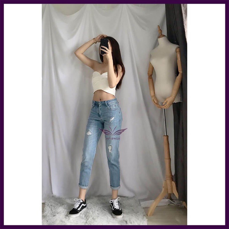 Quần baggy nữ lửng lưng cao⚡️ quần boyfriend nữ ngố cạp cao co giãn kiểu rách Nhipham shop/xanh nhạt, xanh đậm