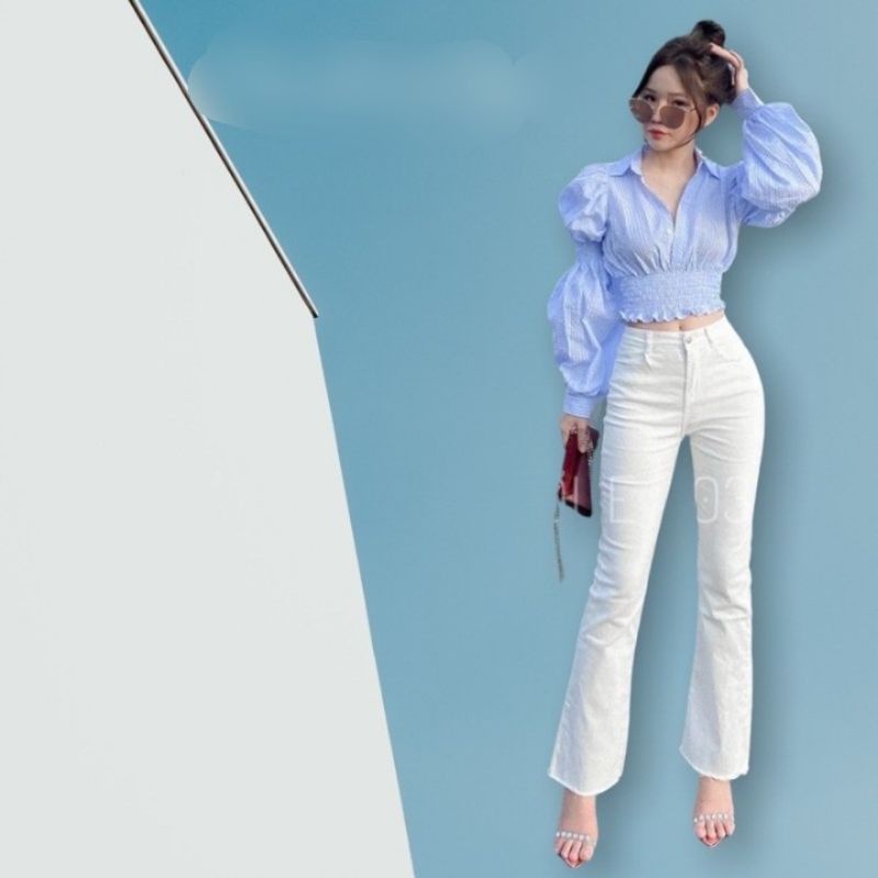 Áo sơ mi caro nhún eo Quảng Châu cổ V tay dài