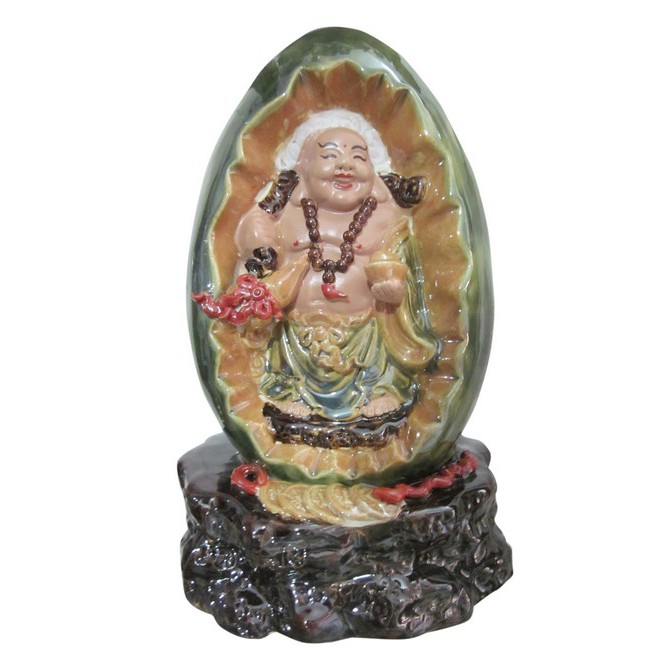 Sản phẩm Tượng Di Lặc  kết hợp men màu hồng   + men xanh + chân đế màu nâu