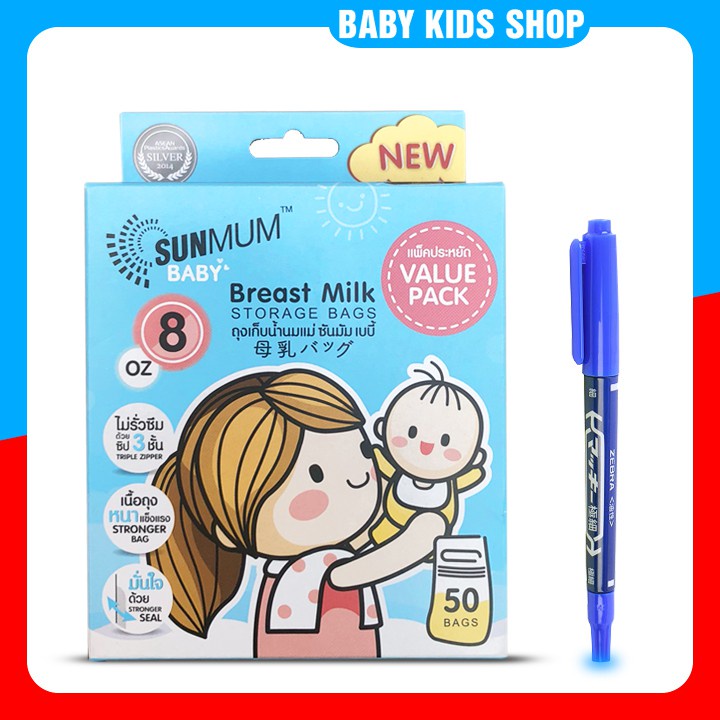 úi trữ sữa sunmum 50 Thái Lan 250ml - 3 khoá zip chống tràn - Free BPA an toàn cho bé