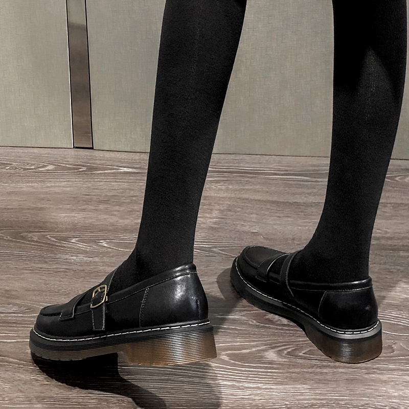Giày Da Đế Dày Màu Đen Phong Cách Retro Nhật Bản Size 34-42 Cho Nữ