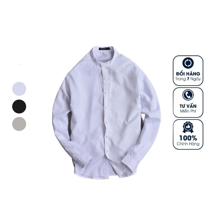 Áo Sơ Mi Nam Dàì Tay Cổ Tàu OKU Dáng Ôm Body Hàn Quốc Vải Mịn Mát, Ao so mi nam Cổ Trụ Không Nhăn