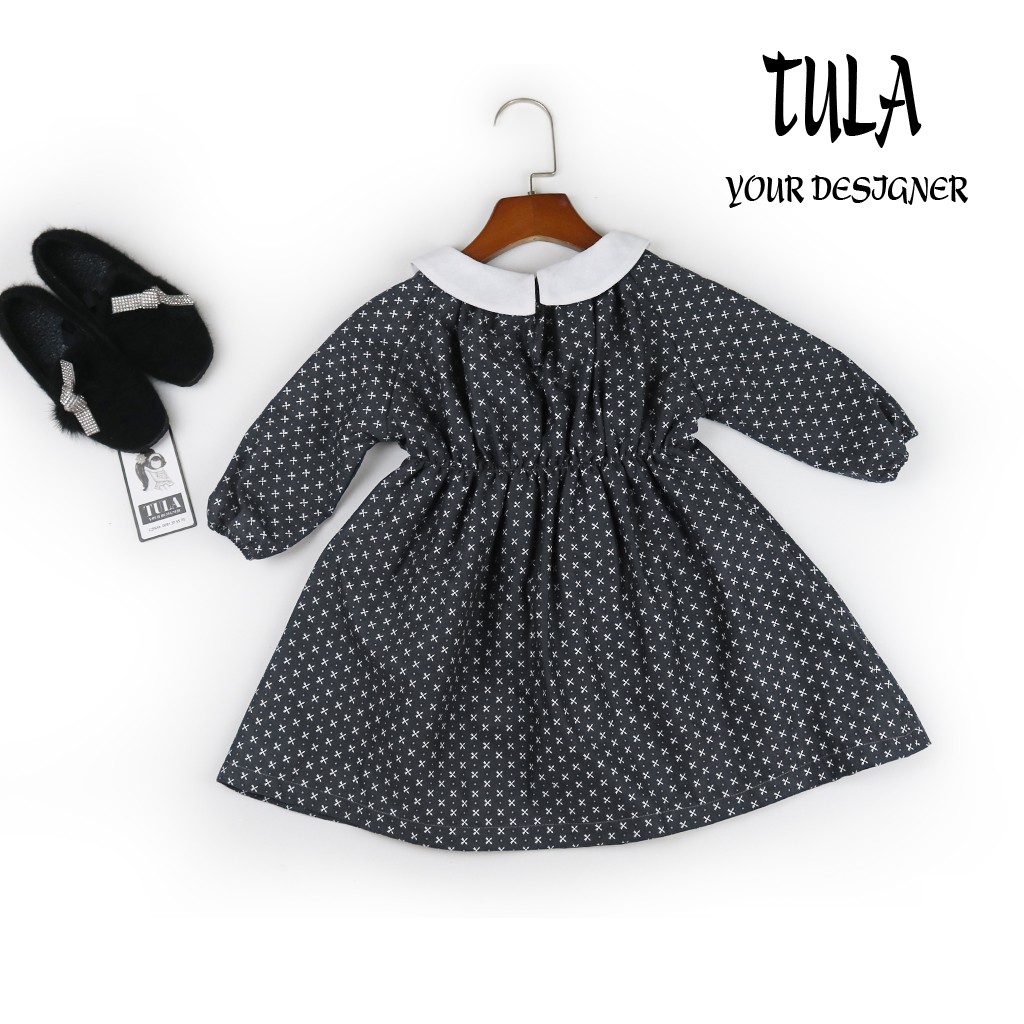 Váy Đầm Bé Gái Chun Eo Phối Cổ Trắng Màu Đen Họa Tiết Nhí Cực Xinh Vải Thô Hàn Quốc