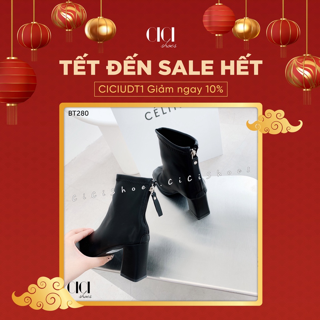 Giày Boot thời trang nữ CiCi Shoes gót vuông 7cm, bốt da lì cổ cao khoá dây da kéo sau - BT280