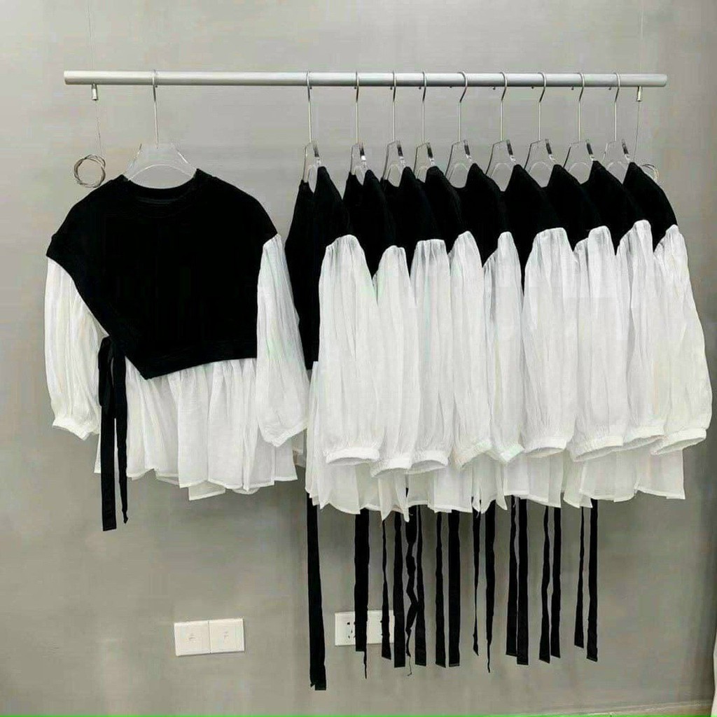 áo kiểu xinh xắn tay phồng phối đen trẵng xinh, đi học đi chơi dễ thương