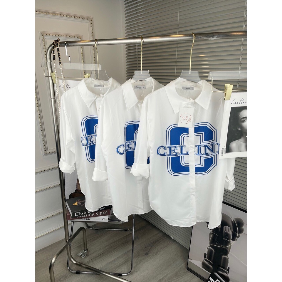 [ ZADOLA FASHION] Áo sơ mi chữ C xanh nữ đẹp kiểu form rộng tay dài hình thêu chất lụa cao cấp màu Trắng