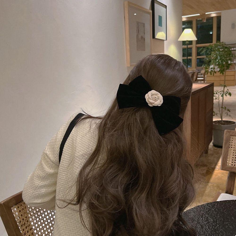 Kẹp Tóc Hình Nơ Vải Nhung Đính Hoa Trà Lớn Phong Cách Hàn Quốc Dễ Thương