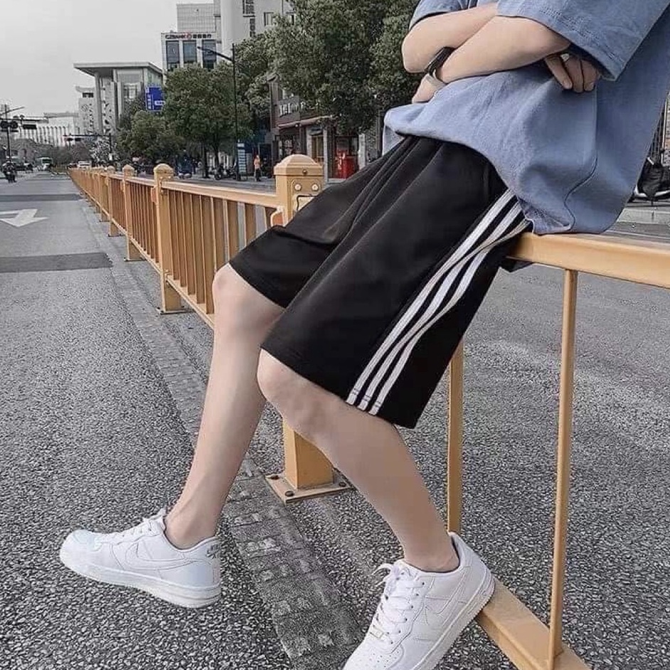 Quần đùi cạp chun 3 sọc unisex - Short cộc suông ống rộng, thiết kế đơn giản, bắt mắt