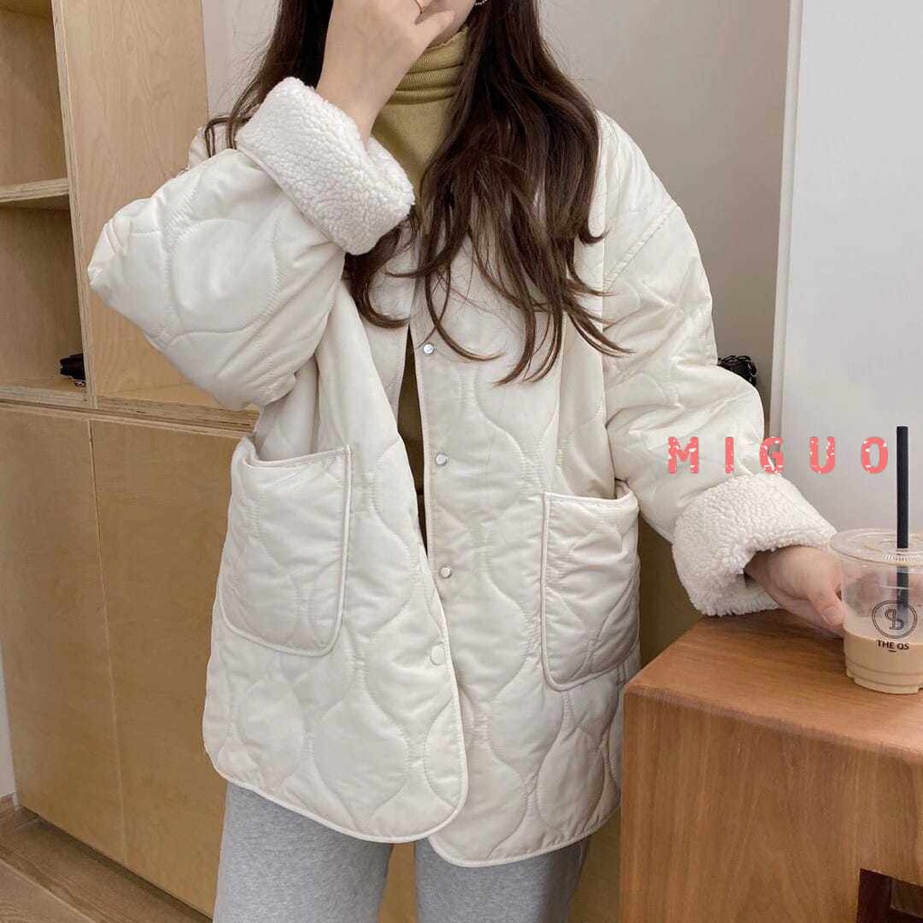 MIGUO 2021 áo khoác ngắn dáng rộng vải len lông cừu mùa đông mới