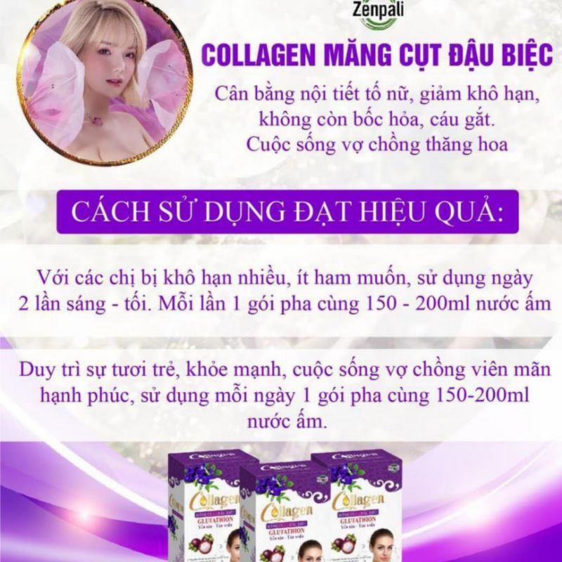 Collagen Măng Cụt Đậu Biếc Zenpali Hộp 30 Gói, Cốm Uống Đẹp Da Giữ Dáng Tăng Size Vòng 1