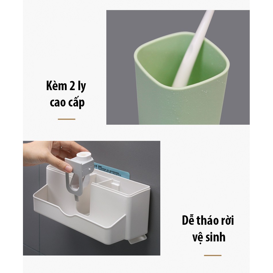 Kệ Dán Tường Để Bàn Chải Đánh Răng, Bộ Nhả Kem Tự Động 2 Cốc, Lấy kem tự động 2 cốc dán tường